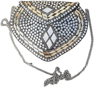 Shakuntla Handicraft Silver Sling Bag Indian Handmade Heart Design Small Size Bridal Clutch Stone Mosaic Clutch