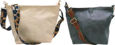 Dakota Beige, Grey Sling Bag with Detachable Dark Blue Belt for Girls & Women(Pack of 2)
