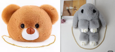 Nappmall Brown, Grey Shoulder Bag Cute Teddy Bear Faux Fur side bags Crossbody Plush Purse Chain Shoulder handbags(Pack of 2)