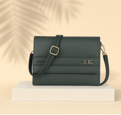 Reshu Green Sling Bag Handmade Vegan PU Leather Women's Sling Bags With Shoulder Strap & 3 pockets
