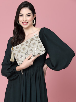 Anekaant Beige, Gold Sling Bag Ghoomar Beige & Gold Geometric Embroidered Lurex Handloom Sling Bag