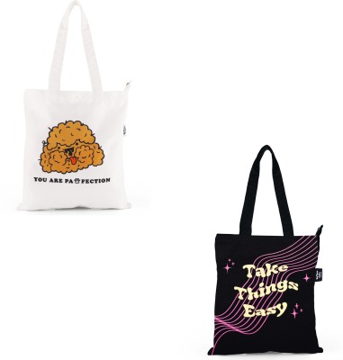 UpTown Folks Black, White Tote Take Things Easy + You're Perfection Tote Bag(Pack of 2)