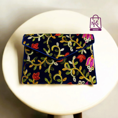 NAKASA Blue Clutch Women's Kashmiri Handmade Flower Embroidery Small Blue Clutch Bag