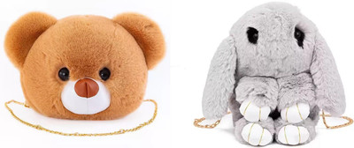 Nappmall Brown, Grey Shoulder Bag Cute Teddy Bear Faux Fur side bags Crossbody Plush Purse Chain Shoulder handbags(Pack of 2)