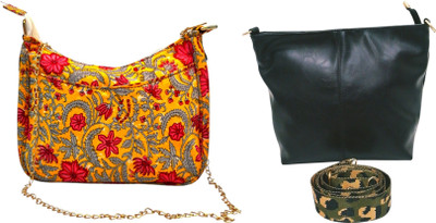 Dakota Yellow, Black Sling Bag In Floral Printed Cotton with Multiple Compartments & Pockets(Pack of 2)