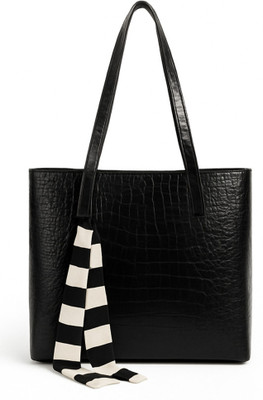 GEWEES Black Hand-held Bag Crocodile Design Three PartitionHandbag With Ribbon Artificial Leather