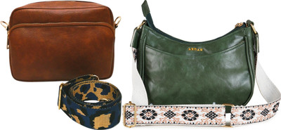 Dakota Brown, Green Sling Bag /Crossbody Bag with Dark Blue Adjustable Belt for Girls & Women(Pack of 2)