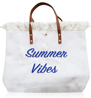 SS Collection White Hand-held Bag Summer Vibes Cotton Bag for Women, Embroidery Printed Cotton Bags for Girls
