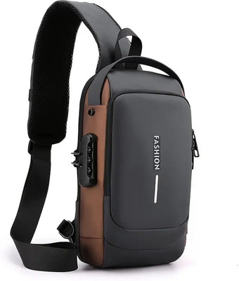 GJSHOP Grey, Gold Shoulder Bag Men's Premium PU Leather Chest Bag with Password Lock & USB Charging