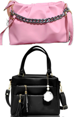 RANDAM Pink, Black Sling Bag PU - Leather Tote Bag for Women Female Large Capacity Shoulder Bag Handbags.(Pack of 2)