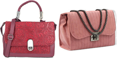 zufisha Red, Pink Sling Bag Women Embossed Textured Flap Sling Bag with Adjustable Strap(Pack of 2)