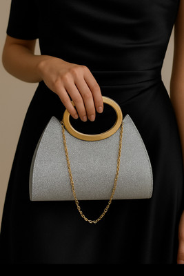 Ghuchadu Silver Clutch Women Silver Glitter Clutch/Sling Bag with Golden Handle & Detachable Chain