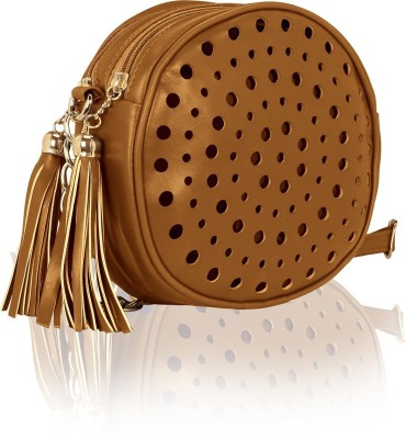 KLEIO Tan Sling Bag Stylish Round Double Compartment Laser Cut With Tassel Cross Body Sling Bag for Girls / Women