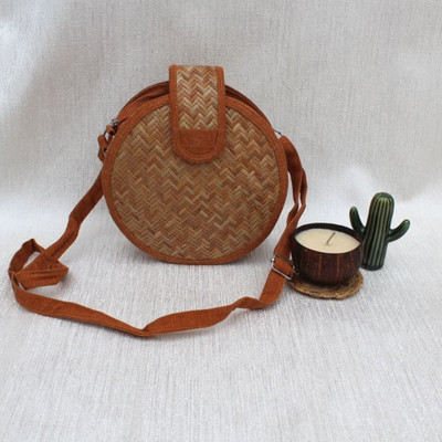 Onearth Brown Sling Bag Round Shital Pati Jute bag for Women |Stylish Crossbody Purse|Shoulder Bag