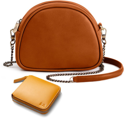 DailyObjects Tan Sling Bag Vegan Leather - Arch Crossbody Bag | Chrome Yellow Leather Zip Wallet Combo(Pack of 2)