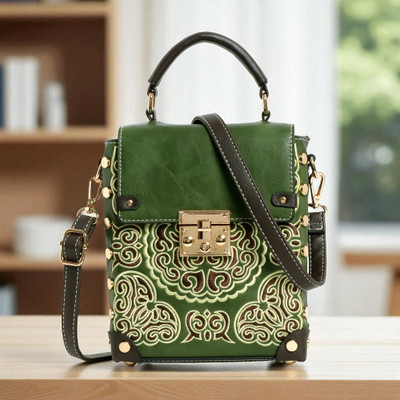 Exotic Green Hand-held Bag Studded embroidered Mini Handbag