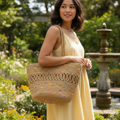 Bella n Bloom Brown Tote Handwoven Jute Tote Bag with Colorful Embroidery