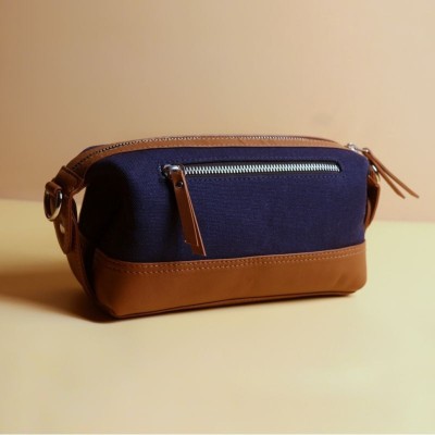 The Bicyclist Blue Sling Bag Canvas and Leather Handmade Sling Bag and Dopp Kit in Navy Blue