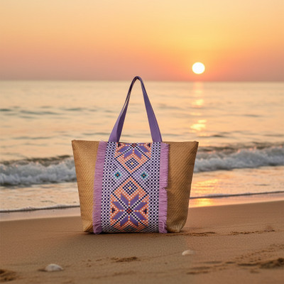 ENSAC Beige Hand-held Bag Women’s Jute Tote Bag with Geometric Pattern, Large Stylish Handbag for Casuals