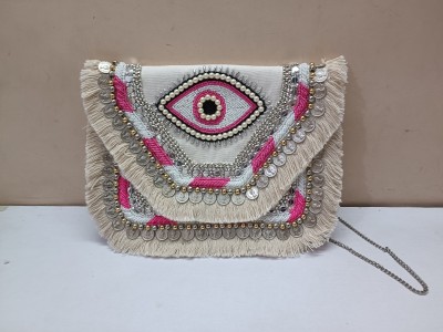 MKS Pink, White Sling Bag Handcrafted Boho Banjara Bags For Women, Handembrodry Sling Bag For Regular Wear