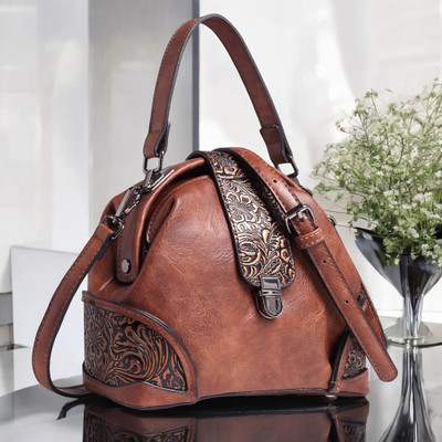 Exotic Premium Brown Hand-held Bag Vintage Retro Embossed Floral Sling Bag