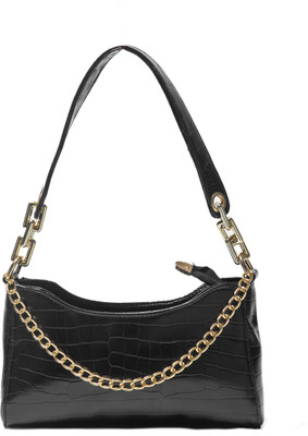 DONICY Black Shoulder Bag Glossy Croco Sling Bag