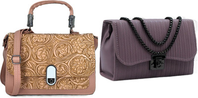 zufisha Beige, Purple Sling Bag Women Embossed Textured Flap Sling Bag with Adjustable Strap(Pack of 2)