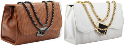 zufisha Tan, White Sling Bag Women Embossed Textured Flap Sling Bag with Adjustable Strap(Pack of 2)