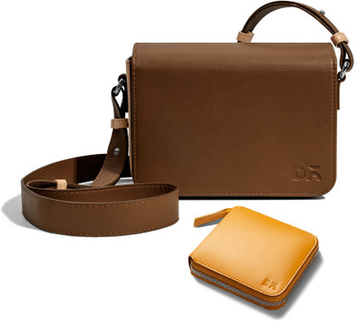 DailyObjects Brown Sling Bag Sol Box Shoulder Bag | Chrome Yellow Vegan Leather Zip Wallet Combo(Pack of 2)