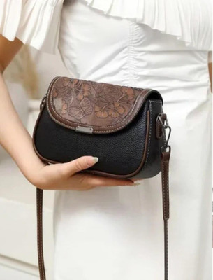 LIZIQI Black Sling Bag Designer PU Leather Women Sling Bag Floral Carving Floral Embossed