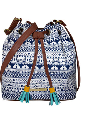 FUNK FOR HIRE White Sling Bag Women Border Printed Drawstring Canvas Sling Bag Navy Blue