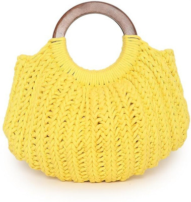 Maresse Yellow Sling Bag Striped Macrame Handbag for Women | Boho Tote with Wooden Handle & Tassels
