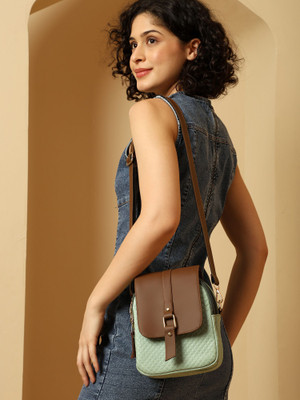 ENSAC Green Sling Bag Women’s Quilted Sling Bag, Mint Green & Brown Crossbody Bag