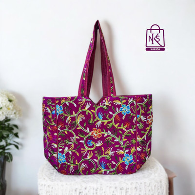 NAKASA Pink Tote Women's Kashmiri Handmade Flower Embroidery Regular Pink Tote Bag