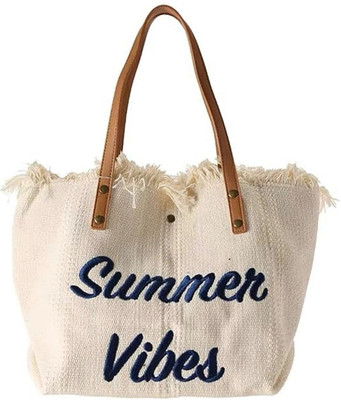 SS Collection Beige Hand-held Bag Summer Vibes Cotton Bag for Women, Embroidery Printed Cotton Bags for Girls