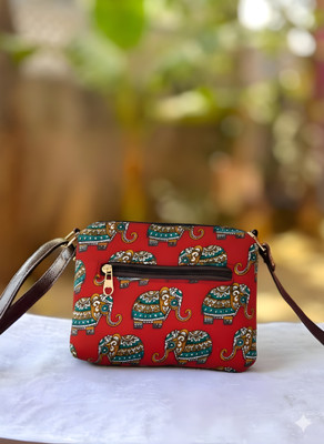 rahulecom Red Sling Bag Women’s Elephant Print Cotton Sling Bag | Boho Crossbody Handbag with Zip Pocket