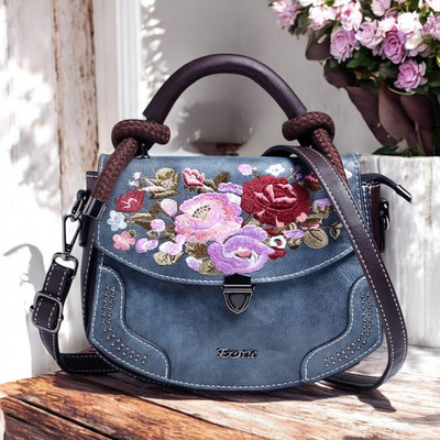 Exotic Blue Satchel Vintage Floral Embroidery Sling Bag