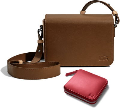 DailyObjects Brown Sling Bag Sol Box Shoulder Bag | Crimson Red Vegan Leather Zip Wallet Combo(Pack of 2)