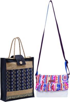 ENSAC Multicolor, Blue Sling Bag JUTE-CHK-05cBLU_RUFFLEcMULTI-2(Pack of 2)