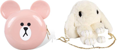 Nappmall Pink, White Sling Bag Women Sling Bag Cute Teddy bear face silicon soft waterproof sling bag(Pack of 2)