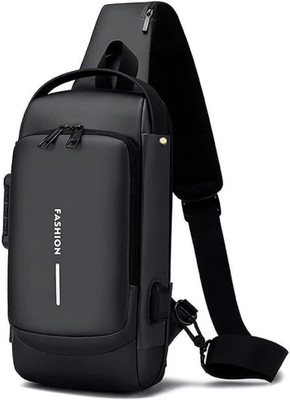 FINIFAB Black Shoulder Bag Sling Bag Stylish Crossbody Backpack Anti-Theft Chest Bag with USB Charging Port
