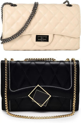 KRIFTY Beige, Black Sling Bag Stylish Fancy Unique Design Sling Bag For Women's/Girls(Pack of 2)