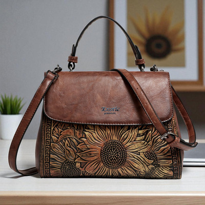 Exotic Premium Brown Sling Bag Vintage Embossed Floral Flap Desing Sling Bag For Women