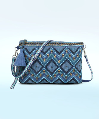 Anekaant Blue, Multicolor Sling Bag Boho Acrylic Cotton Canvas Chevron Embellished Cross-Body Bag