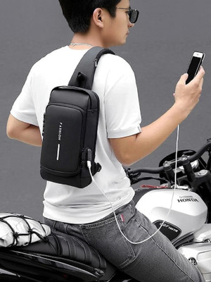LUHI Black Sling Bag Unisex Side With Inbuilt Charging Port