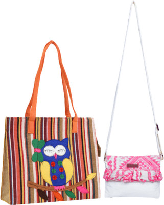 ENSAC Pink, Green Sling Bag JUTE-OWL-01cGRN_RUFFLEcPNKWHTI-2(Pack of 2)