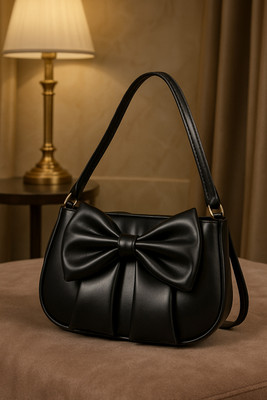 BLVCK THREADZ Black Shoulder Bag Chic Bowknot Pleated Black Shoulder Bag