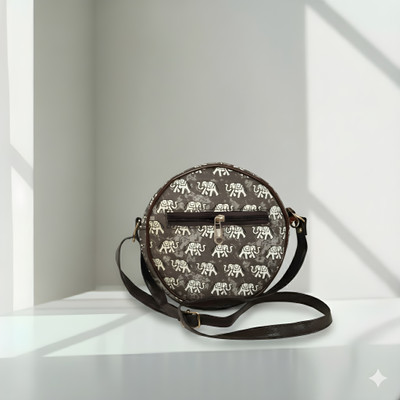 rahulecom Brown Sling Bag Brown & White Elephant Printed Round Sling Bag for Women | Casual Ethnic Handbag