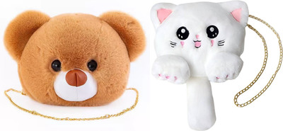 Nappmall Brown, White Shoulder Bag Cute Teddy Bear Faux Fur side bags Crossbody Plush Purse Chain Shoulder handbags(Pack of 2)