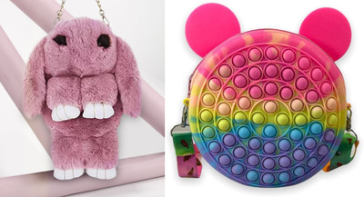 Nappmall Pink, Red Sling Bag Cute Cartoon Rabbit Fluffy Bunny Crossbody Chain Bag for girls(Pack of 2)